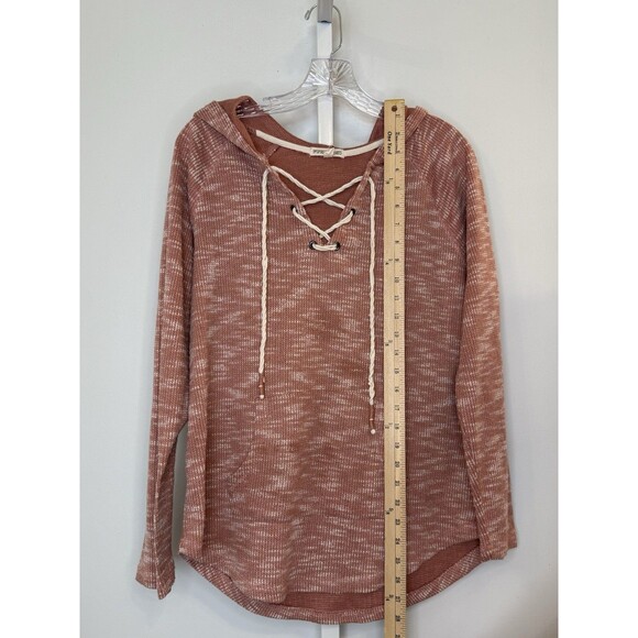 Inspired Hearts Women’s 1X Hoodie Top Pink Lace-Up Neck Waffle Knit Long Sleeve - Picture 4 of 10